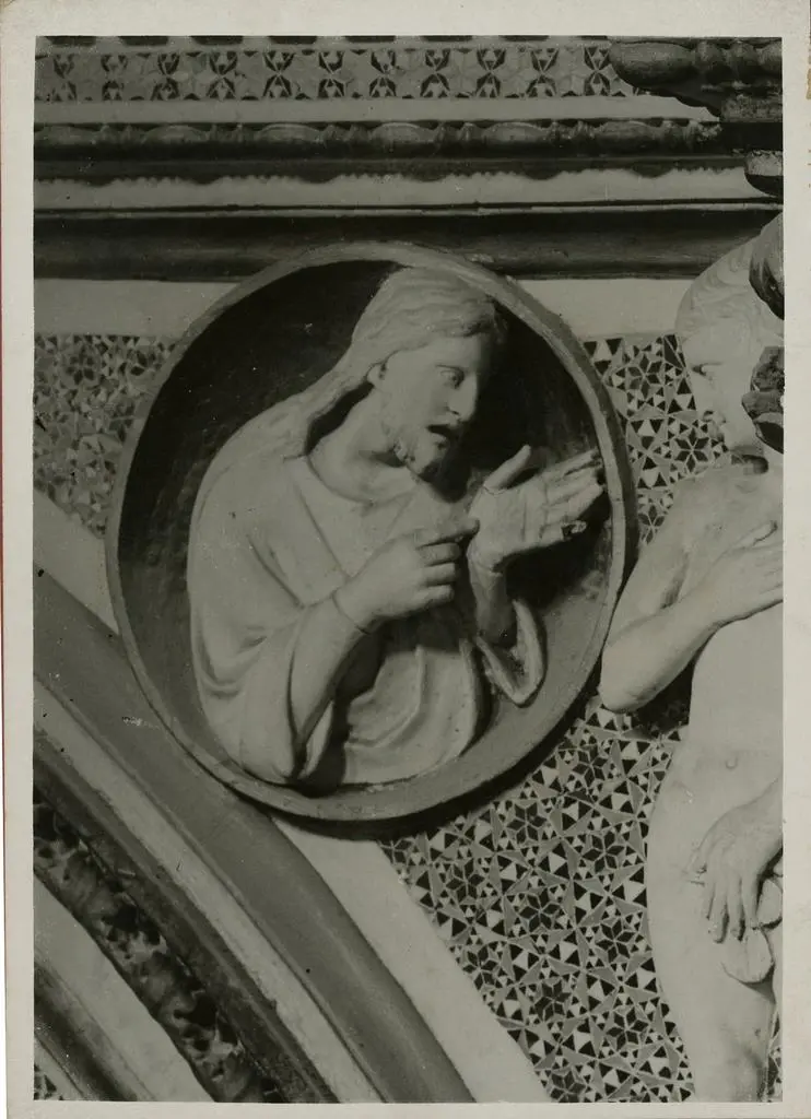 Anonimo , Arnolfo di Cambio - sec. XIII - Personaggi biblici e dell'antichit&agrave;, particolare del Peccato Originale con il Padreterno che rimprovera Adamo