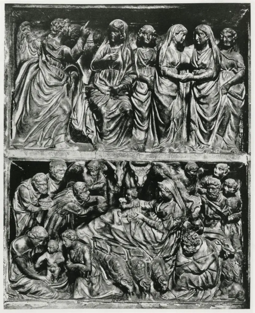 Anonimo , Guglielmo - sec. XIII - Adorazione dei Re Magi e Natività di Gesù; Annunciazione. Formelle del Pulpito di S. Giovanni Fuorcivitas a Pistoia , fronte