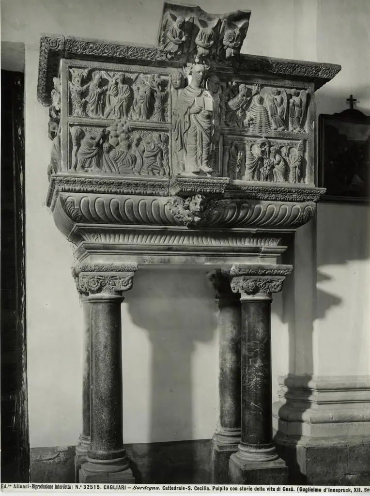Alinari, Fratelli , Cagliari - Sardegna. Cattedrale- S. Cecilia. Pulpito con storie della vita di Gesù. (Guglielmo d'Innspruck, XII. Sec.)
