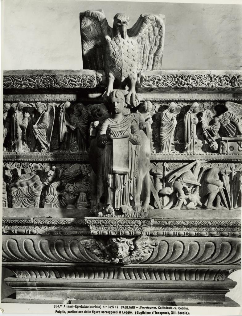 Alinari, Fratelli , Cagliari - Sardegna. Cattedrale - S. Cecilia. Pulpito, particolare delle figure sorreggenti il Leggio. (Guglielmo d'Innspruck, XII. Sec).