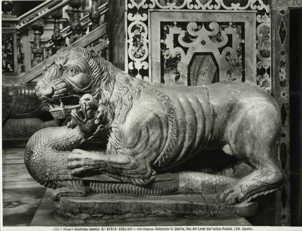 Alinari, Fratelli , Cagliari - Sardegna. Cattedrale - S. Cecilia. Uno dei Leoni dell'antico Pulpito (XII. Sec).