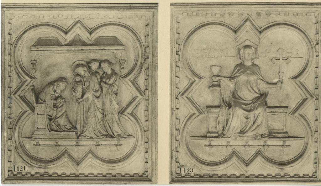 Anonimo , Andrea Pisano - sec. XIV - Imposizione del nome a san Giovanni Battista; Allegoria della Fede