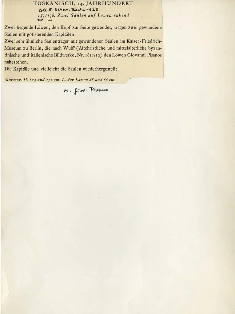 Anonimo , Pisano Giovanni - ambito - sec. XIV - Leone stiloforo