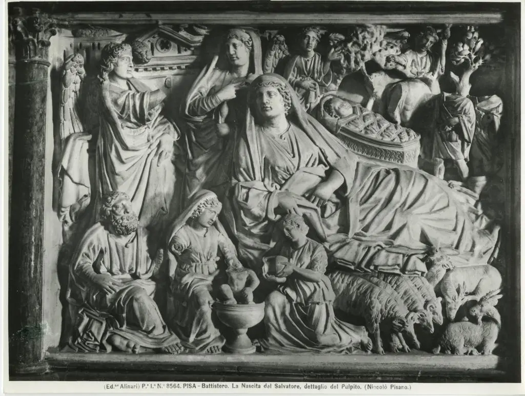 Alinari, Fratelli , Pisa. Battistero. La Nascita del Salvatore, dettaglio del Pulpito. (Niccol&ograve; Pisano)