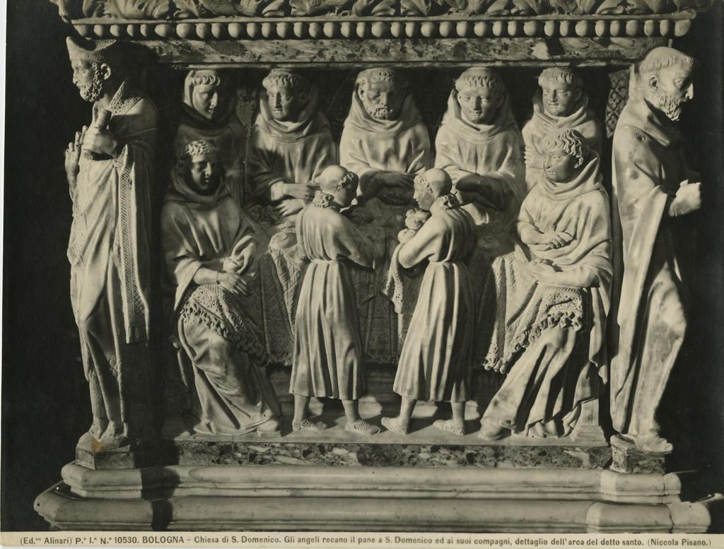 Alinari, Fratelli , Bologna - Chiesa di S. Domenico. Gli angeli recano il pane a S. Domenico ed ai suoi compagni, dettaglio dell'arca del detto santo. (Nicola Pisano).