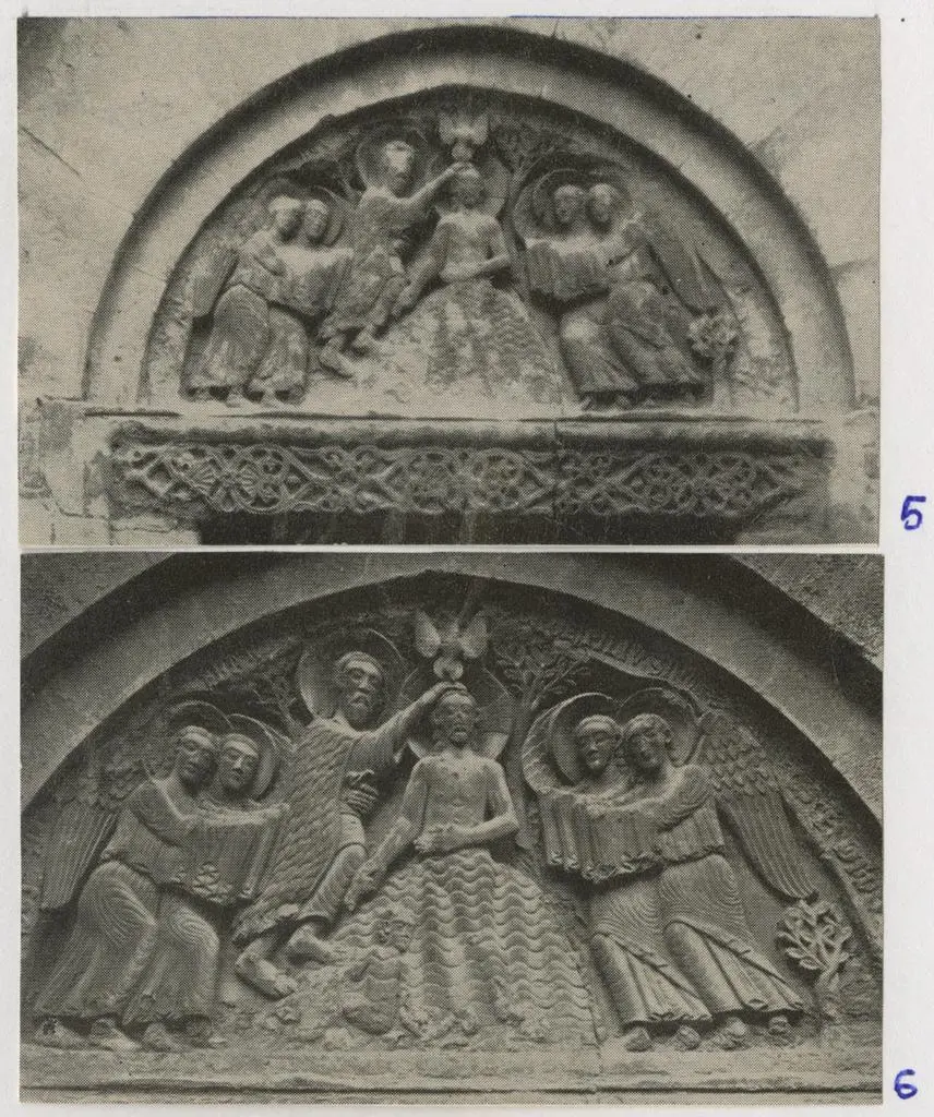 Anonimo , Baptism of Christ, stone relief, 1216. S. Maria della Pieve, Arezzo