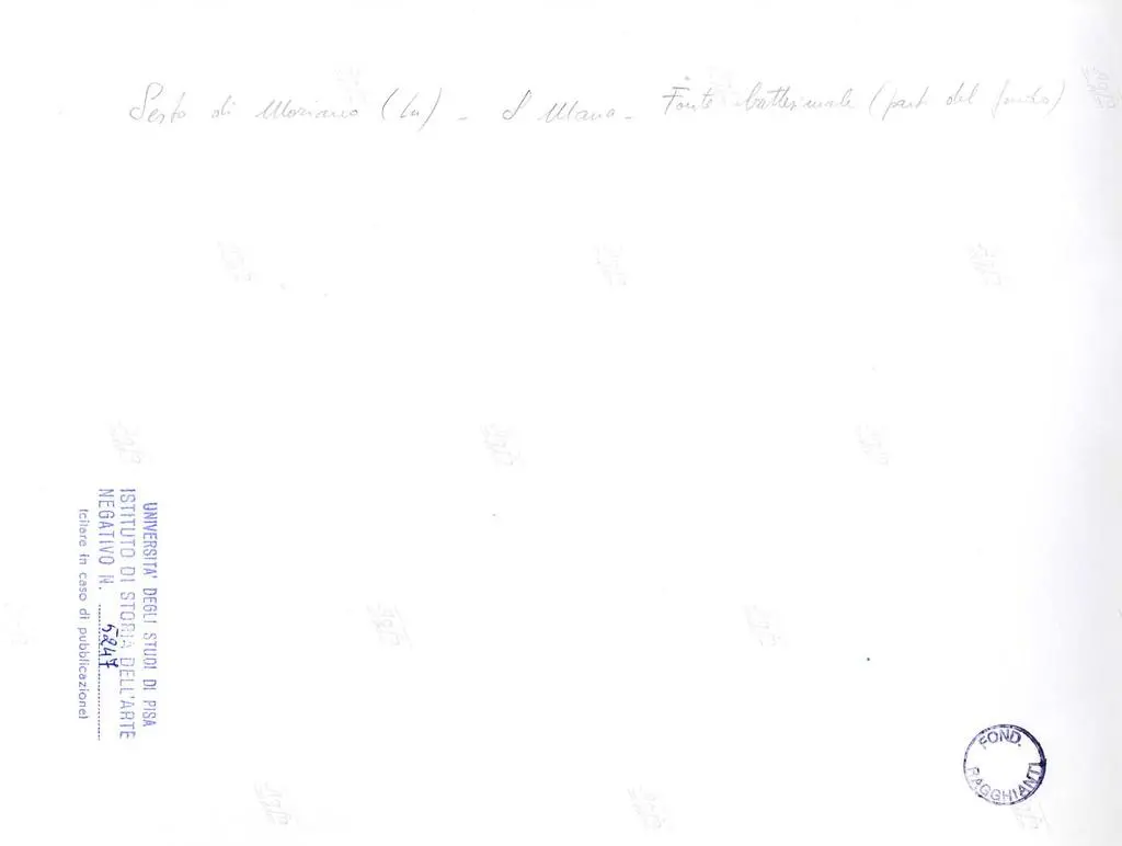 Universit&agrave; di Pisa. Dipartimento di Storia delle Arti , Sesto di Moriano (Lu) - S. Maria - Fonte battesimale (part. del fondo)