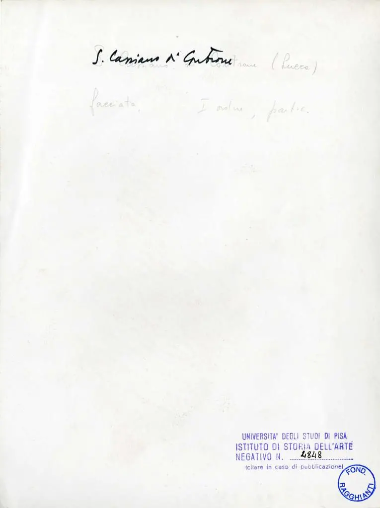 Università di Pisa. Dipartimento di Storia delle Arti , S. Cassiano di Controne (Lucca), facciata, I ordine, partic.