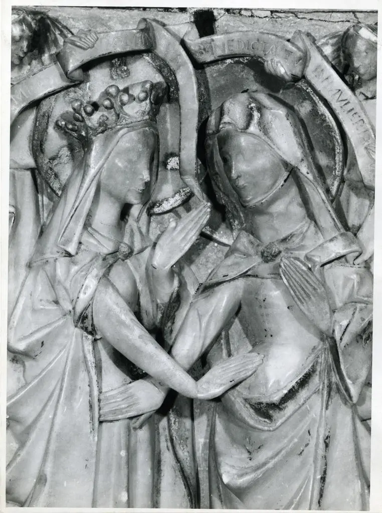 Anonimo , Anonimo inglese - sec. XIV - Storie di Maria Vergine. Particolare scena della Visitazione