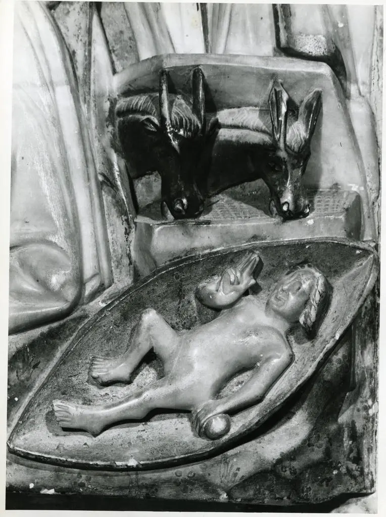 Anonimo , Anonimo inglese - sec. XIV - Storie di Maria Vergine. Particolare della scena della Natività