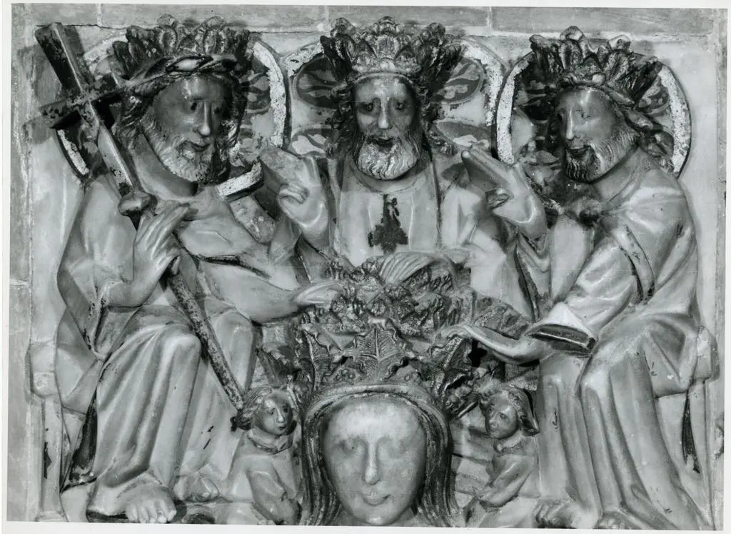 Anonimo , Anonimo inglese - sec. XIV - Storie di Maria Vergine. Particolare della scena dell'Assunzione della Madonna, la Trinità