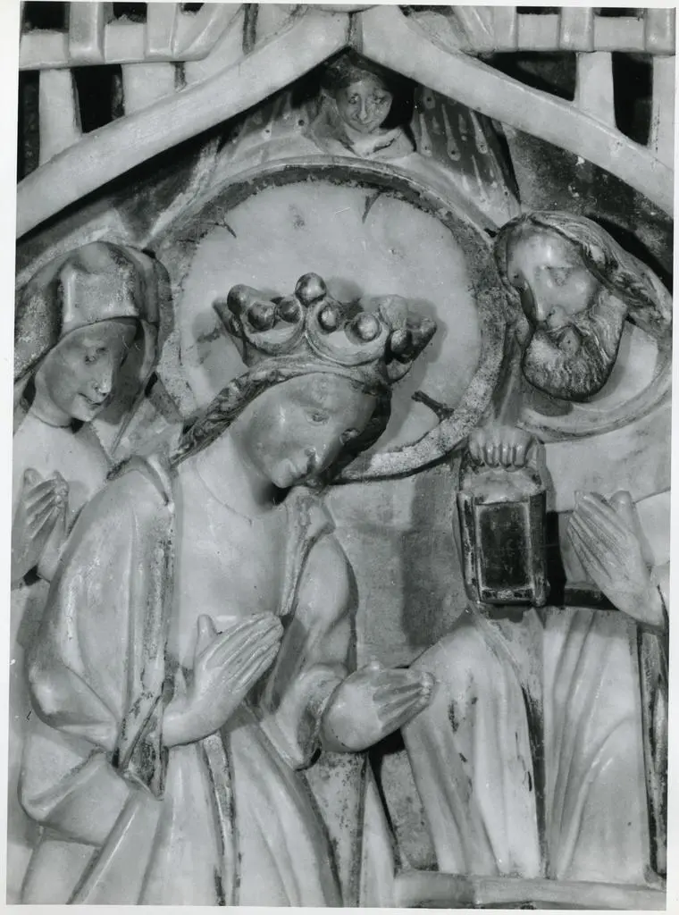 Anonimo , Anonimo inglese - sec. XIV - Storie di Maria Vergine. Particolare della scena della Natività