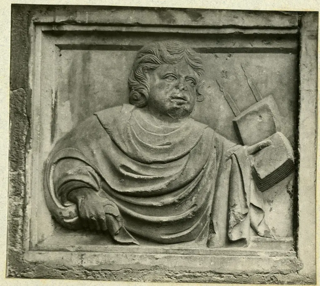 Anonimo sec. XIII/ XIV , Ritratto di giovane uomo con compasso