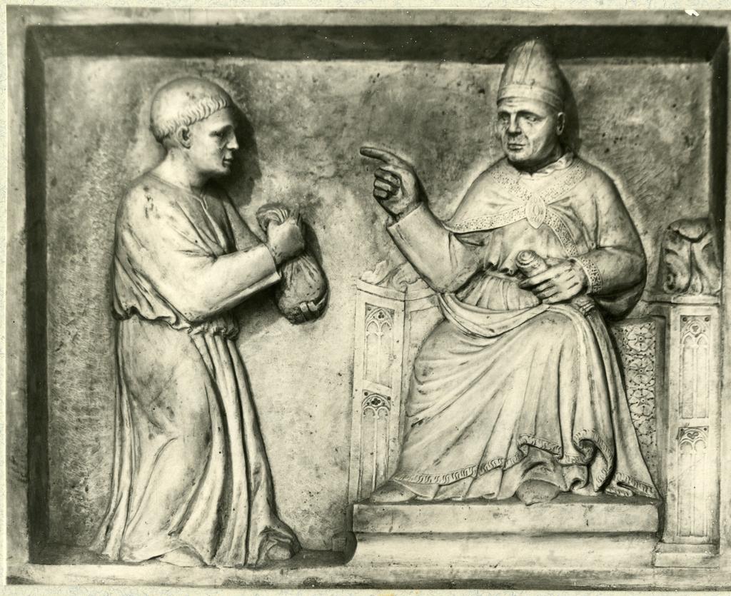 Anonimo pisano-senese sec. XIV , San Lorenzo riceve da papa Sisto II i tesori della Chiesa
