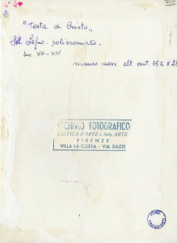 Anonimo , Testa di Cristo. Legno policromato. Sec. XIII-XIV - misure mass. alt. cent. 35 x 28