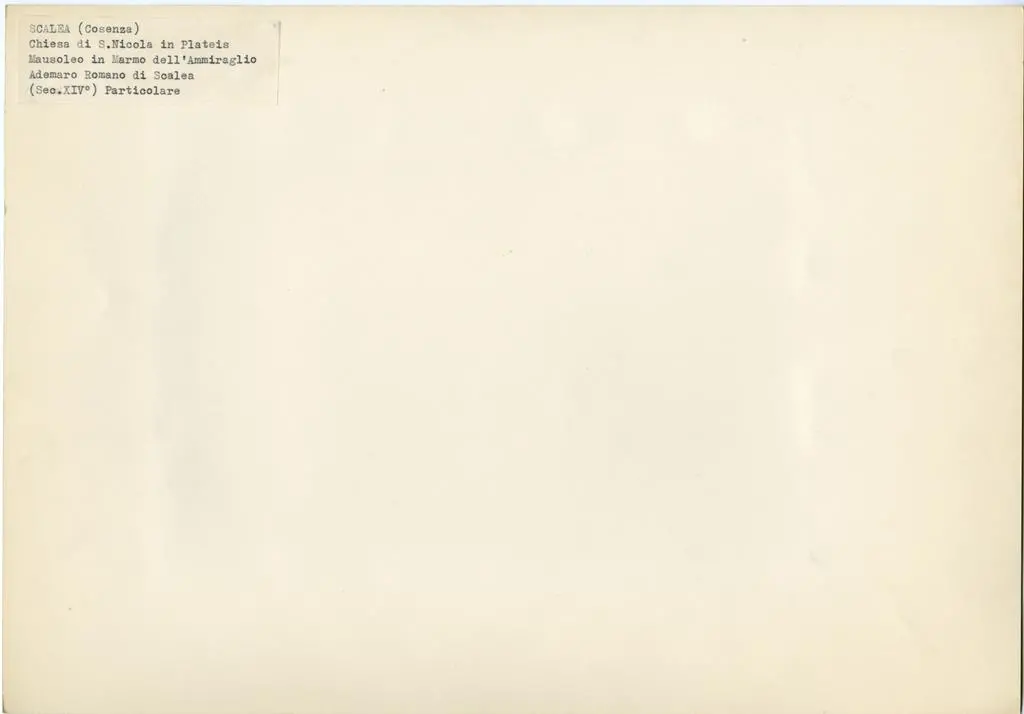 Anonimo , Scalea (Cosenza) Chiesa di S. Nicola in Plateis - Mausoleo in Marmo dell'Ammiraglio Ademaro Romano di Scalea (Sec. XIV&deg;) Particolare