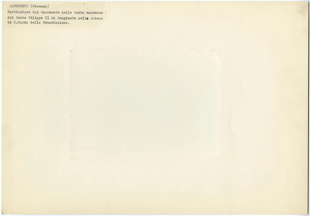 Anonimo , Altomonte (Cosenza) Particolare del basamento della tomba marmorea del Conte Filippo II di Sangineto nella chiesa di S. Maria della Consolazione