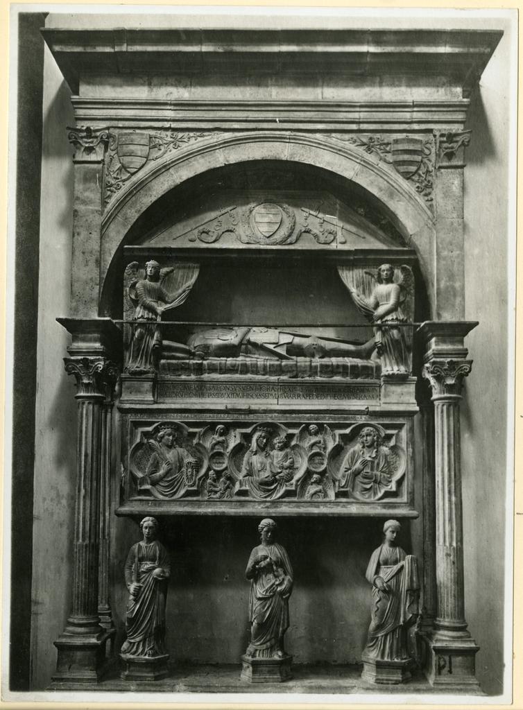 Anonimo sec. XIV , Ritratto funebre di Antonio Carafa, Virtù, Angelo reggicortina, Madonna con Bambino