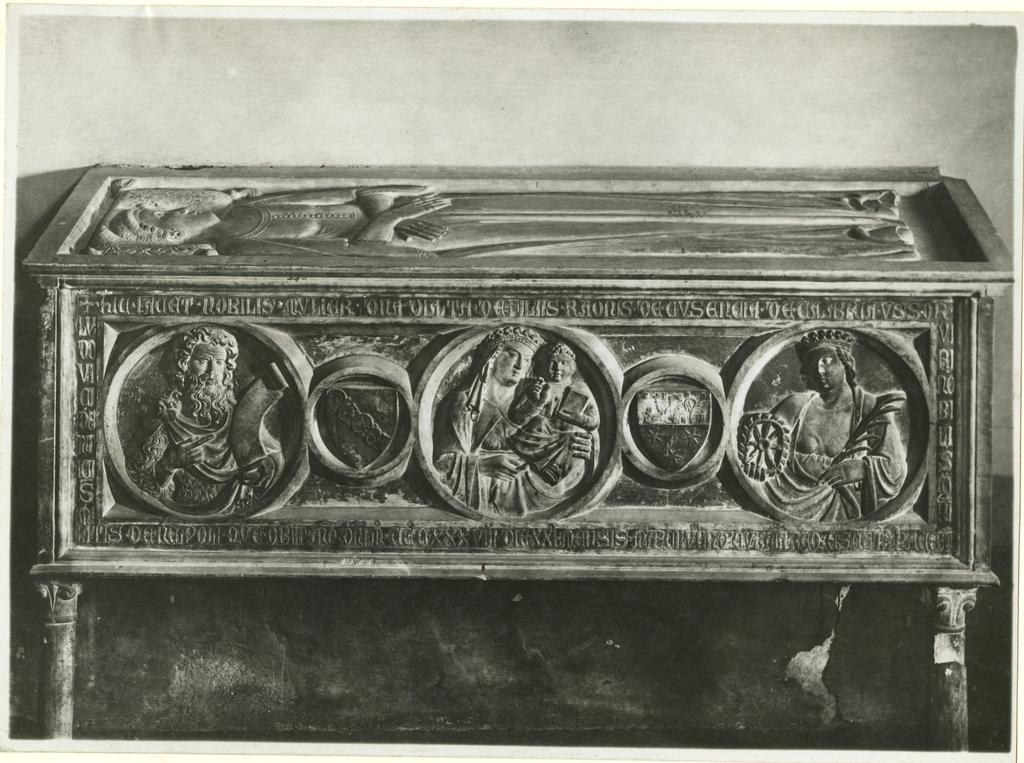Anonimo , Anonimo - sec. XIV - Figura giacente; Madonna con Bambino; San Giovanni Battista; Allegoria della Fortuna