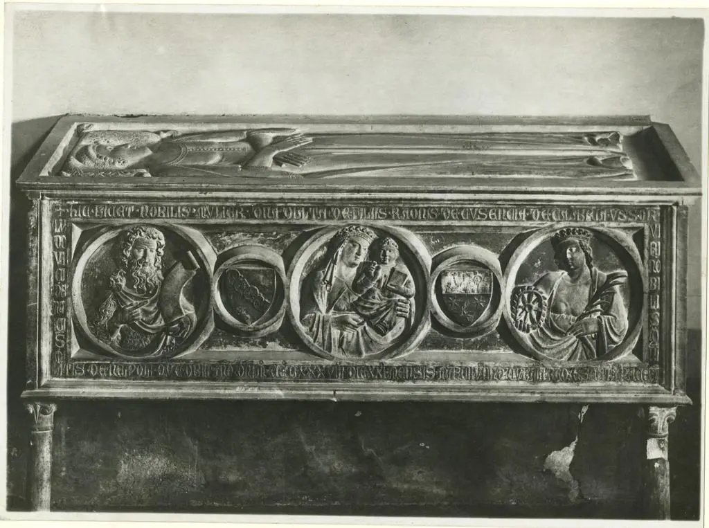 Anonimo , Anonimo - sec. XIV - Figura giacente; Madonna con Bambino; San Giovanni Battista; Allegoria della Fortuna