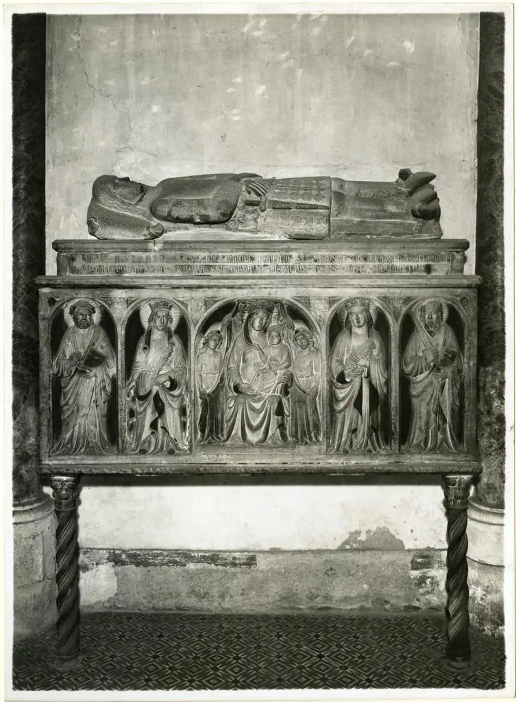 Anonimo , Figura giacente, Madonna con Bambino e angeli, Santi