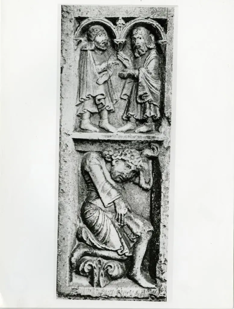 Anonimo , Nonantola, Abbazia. M&deg; di Astolfo. Telamone e colloquio di Anselmo e Astolfo, particolari dello stipite sinistro del portale