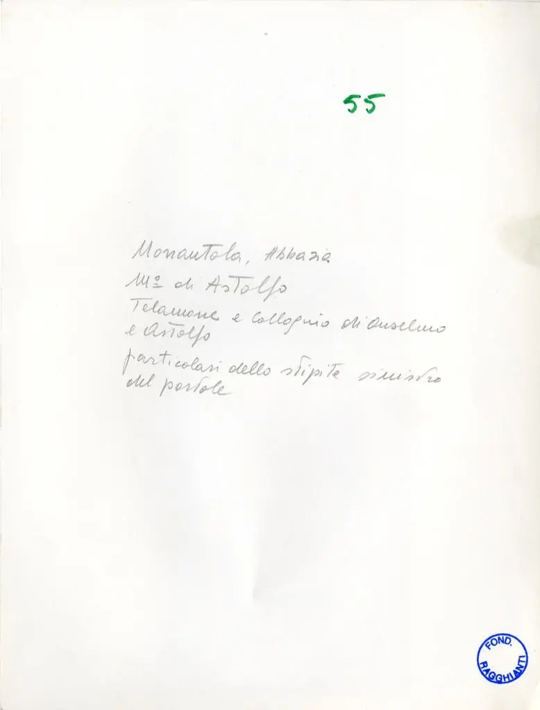 Anonimo , Nonantola, Abbazia. M&deg; di Astolfo. Telamone e colloquio di Anselmo e Astolfo, particolari dello stipite sinistro del portale