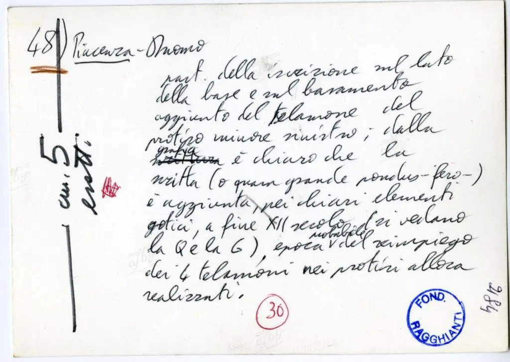 Anonimo , 48) Piacenza - Duomo part. della iscrizione sul lato della base e sul basamento aggiunto del telamone del protiro minore sinistro
