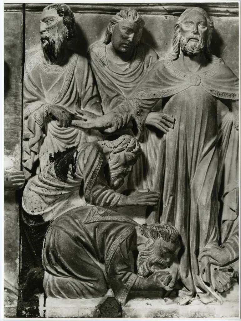 Bozano, Giacomo , Anonimo pisano francisante - sec. XIV - Particolare della tomba del cardinale Luca Fieschi con Cristo risorto che mostra le sue piaghe agli apostoli