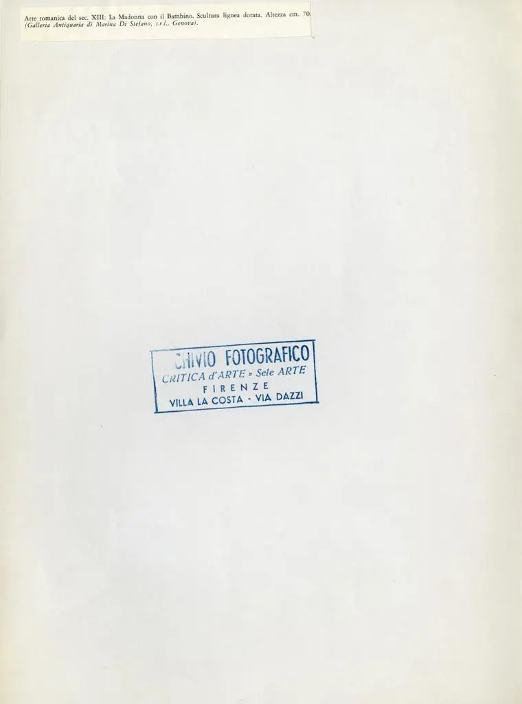Anonimo , Arte romanica del sec. XIII: La Madonna con il Bambino. Scultura lignea dorata. Altezza cm. 70. (Galleria Antiquaria di Marina Di Stefano)