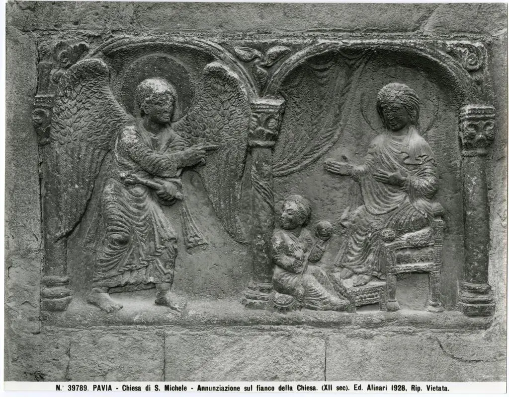Alinari, Fratelli , Pavia - Chiesa di S. Michele - Annunziazione sul fianco della Chiesa. (XII sec.)