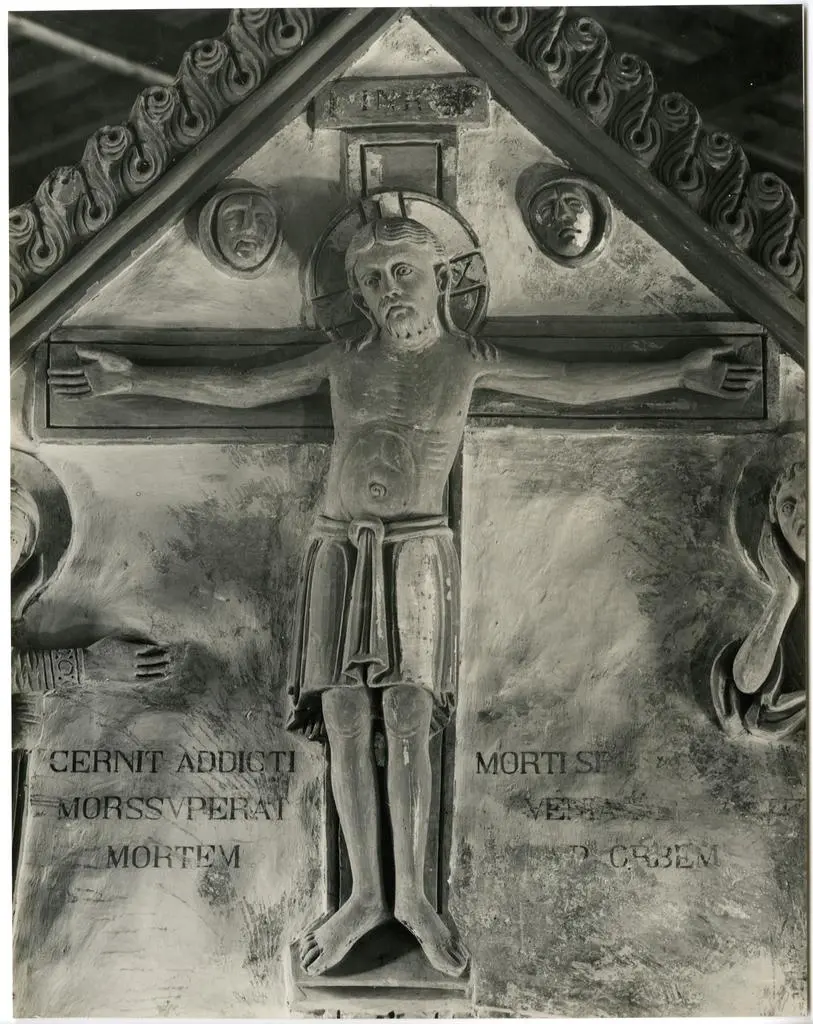 Anonimo , Anonimo lombardo - sec. XI - Cristo crocifisso con la Madonna addolorata, san Giovanni Evangelista