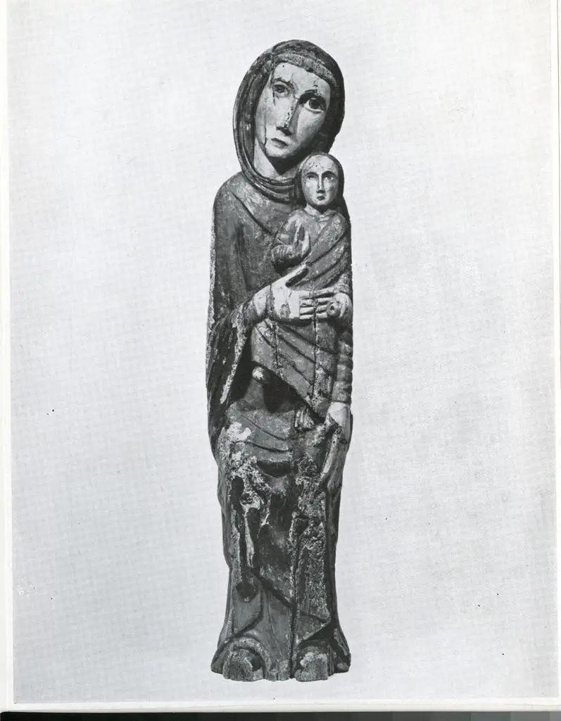 Anonimo , Madonna con Bambino in legno scolpito e dipinto. (alt. cm 114) - Arte tardo-romanica, fine del XIII secolo. Torino Civico