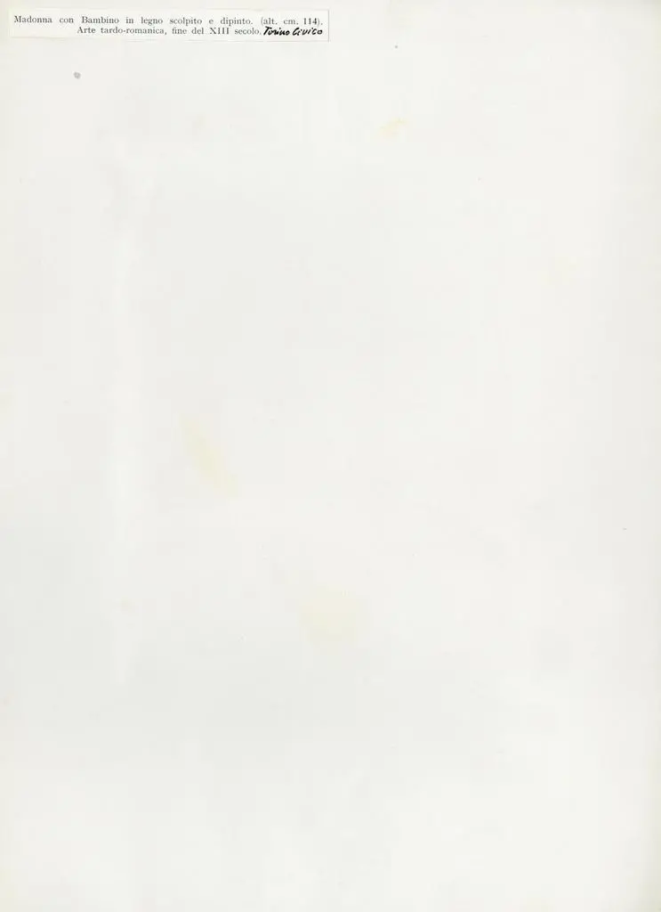 Anonimo , Madonna con Bambino in legno scolpito e dipinto. (alt. cm 114) - Arte tardo-romanica, fine del XIII secolo. Torino Civico