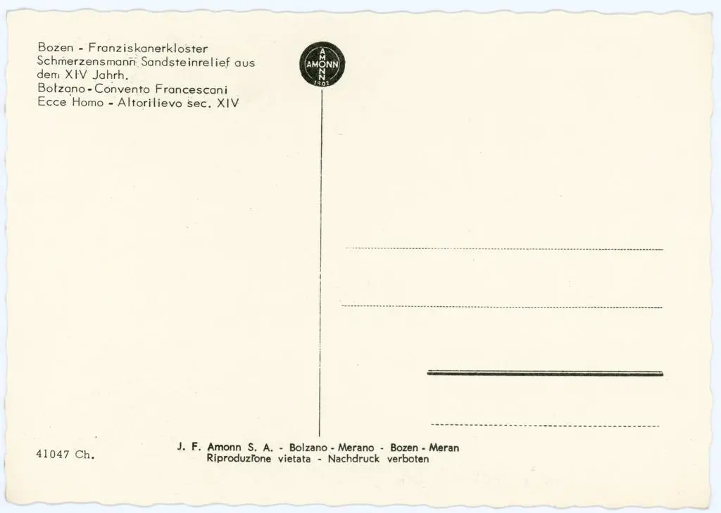J. F. Amonn S. A. , Bolzano - Convento Francescani. Ecce Homo - Altorilievo sec. XIV