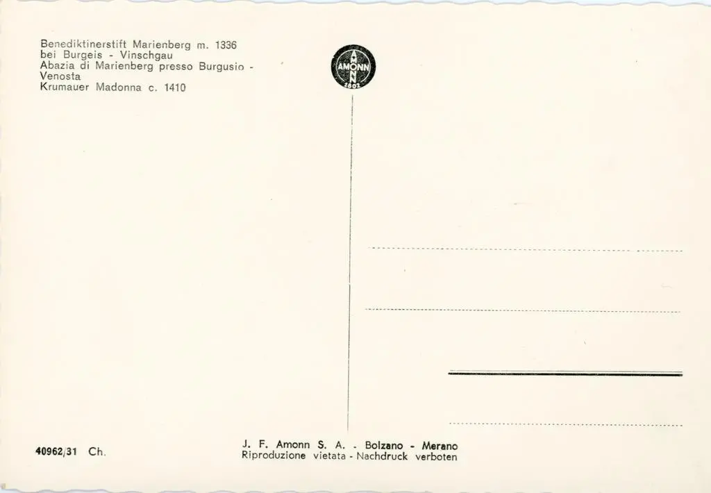 J. F. Amonn S. A. , Abazia di Marienberg presso Burgusio - Venosta. Madonna c. 1410