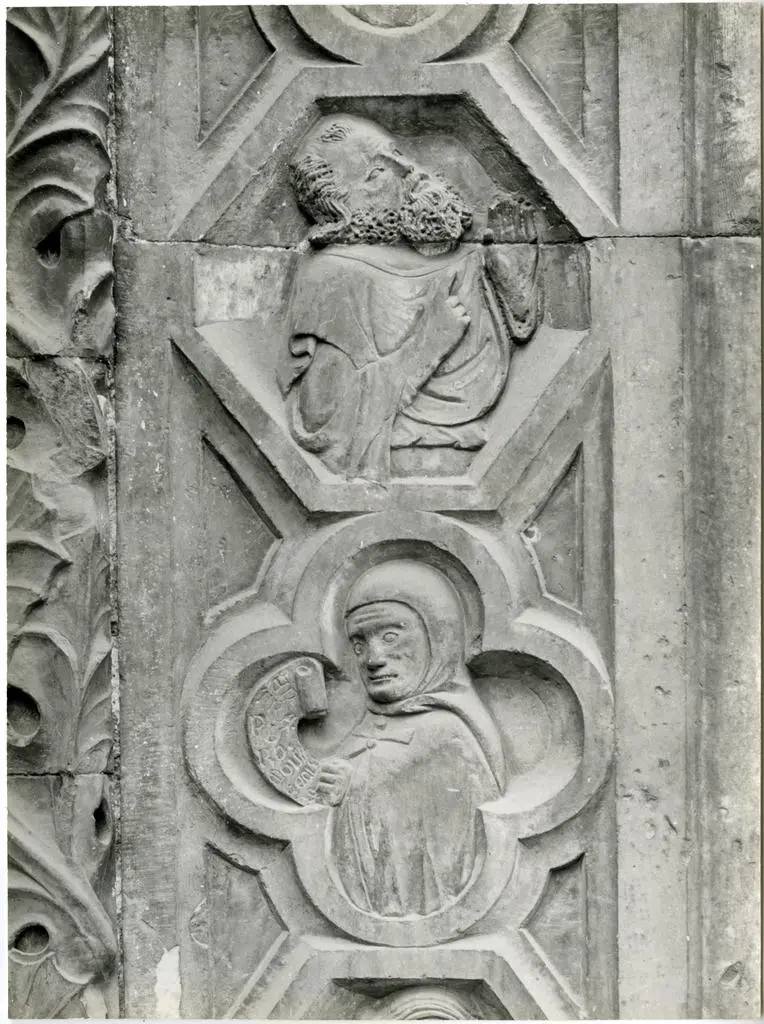 Anonimo toscano sec. XIV , Suonatrice di liuto, Zampognaro, Dialettica, Allegoria della Geometria, San Cristoforo, Flora, Profeta, Sansone uccide il leone, Allegoria della Fedelt&agrave;, Figura maschile con cartiglio, Motivi decorativi fitomorfi con tralci di vite, Allegoria della P...