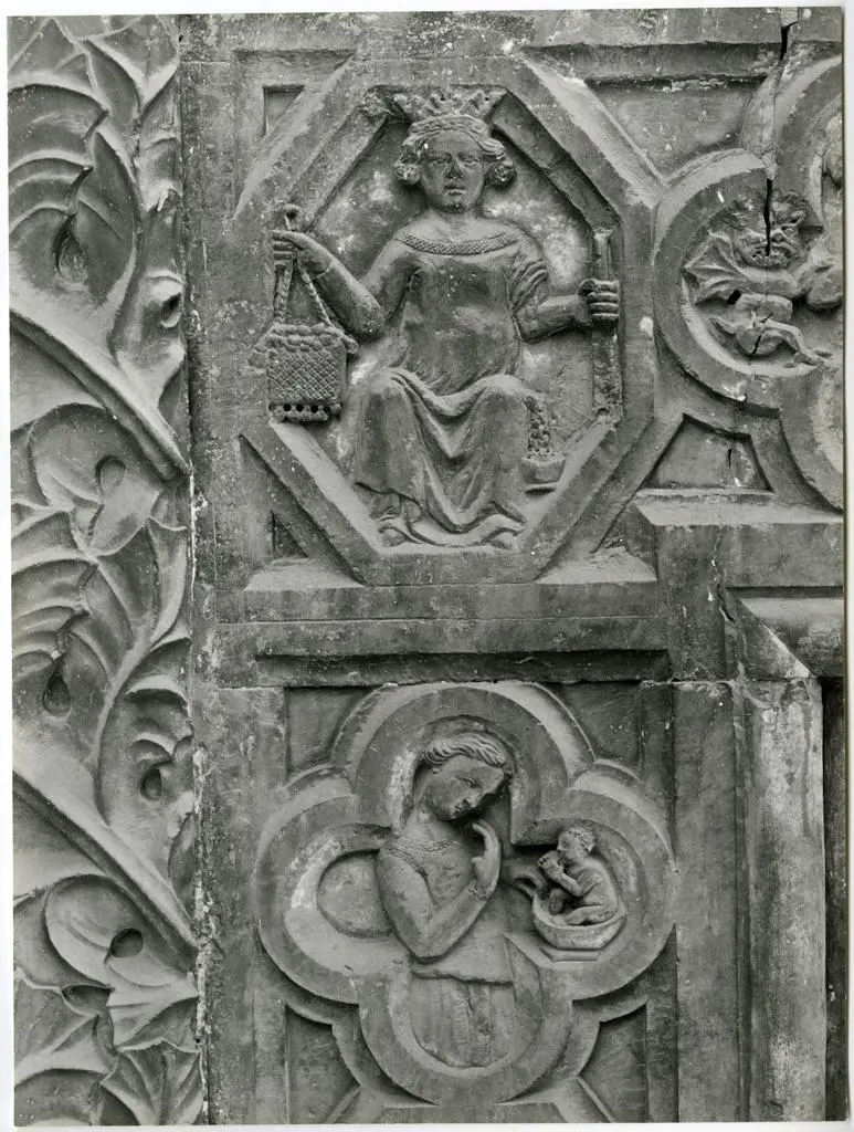 Anonimo toscano sec. XIV , Allegoria della Liberalit&agrave;, Allegoria dell'Infanzia, Allegoria dell'Avarizia, Allegoria della Prudenza, Allegoria della Carit&agrave;, Allegoria della Temperanza, Madri, Giudizio di Salomone, Allegoria della Giustizia, Allegoria della Legge, Allegoria della...