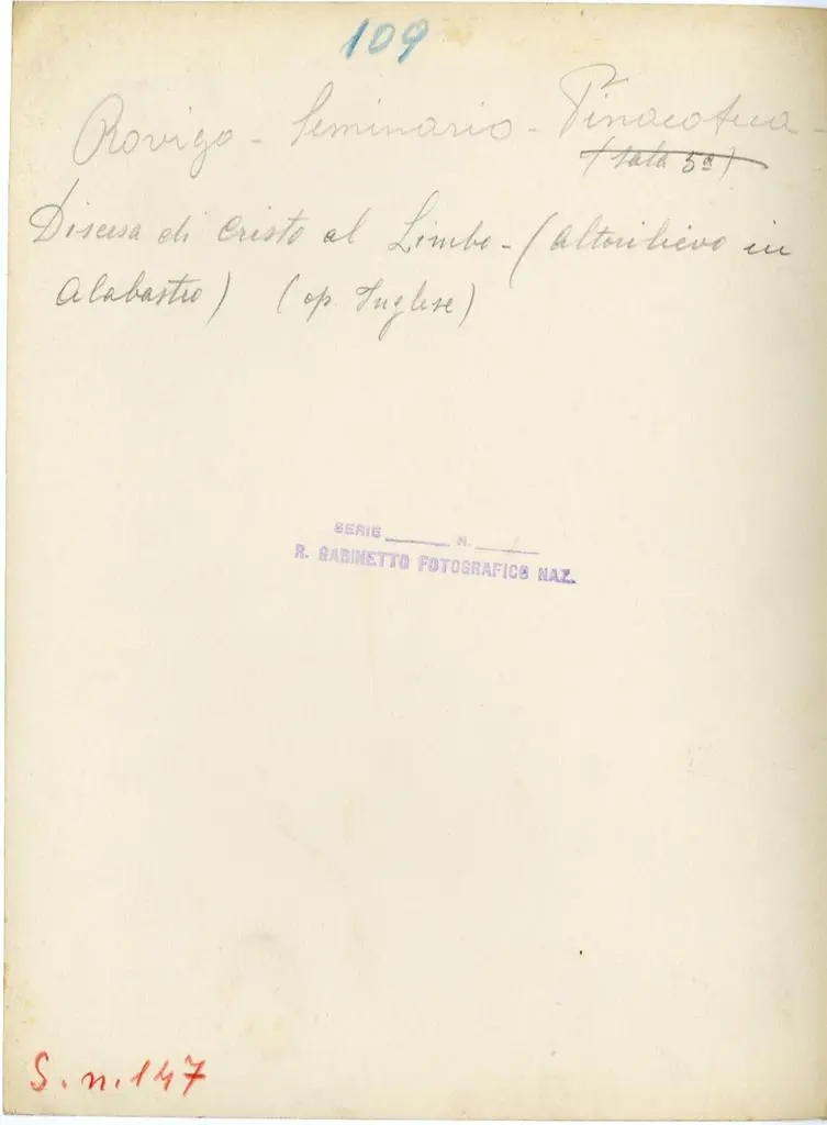 Istituto Centrale per il Catalogo e la Documentazione: Fototeca Nazionale , Rovigo - Seminario - Pinacoteca - Discesa di Cristo al Limbo (altorilievo in alabastro) (op. Inglese)