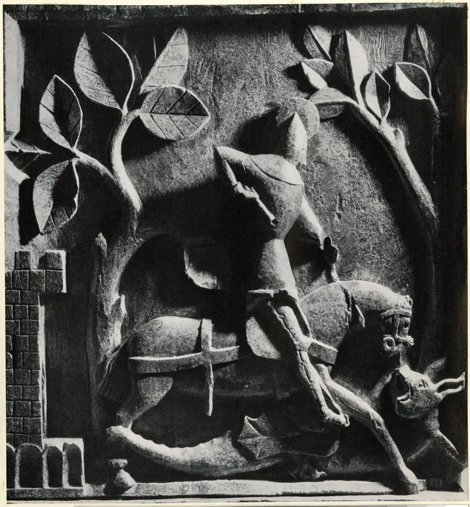 Anonimo , San Giorgio che iccide il dragone. Scultura in legno di quercia da uno stallo nel coro della chiesa del convento Magerau, costruita fra il 1378 ed il 1400.