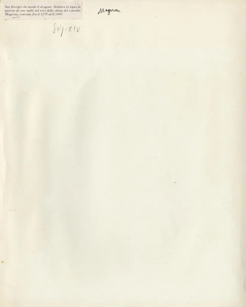 Anonimo , San Giorgio che iccide il dragone. Scultura in legno di quercia da uno stallo nel coro della chiesa del convento Magerau, costruita fra il 1378 ed il 1400.