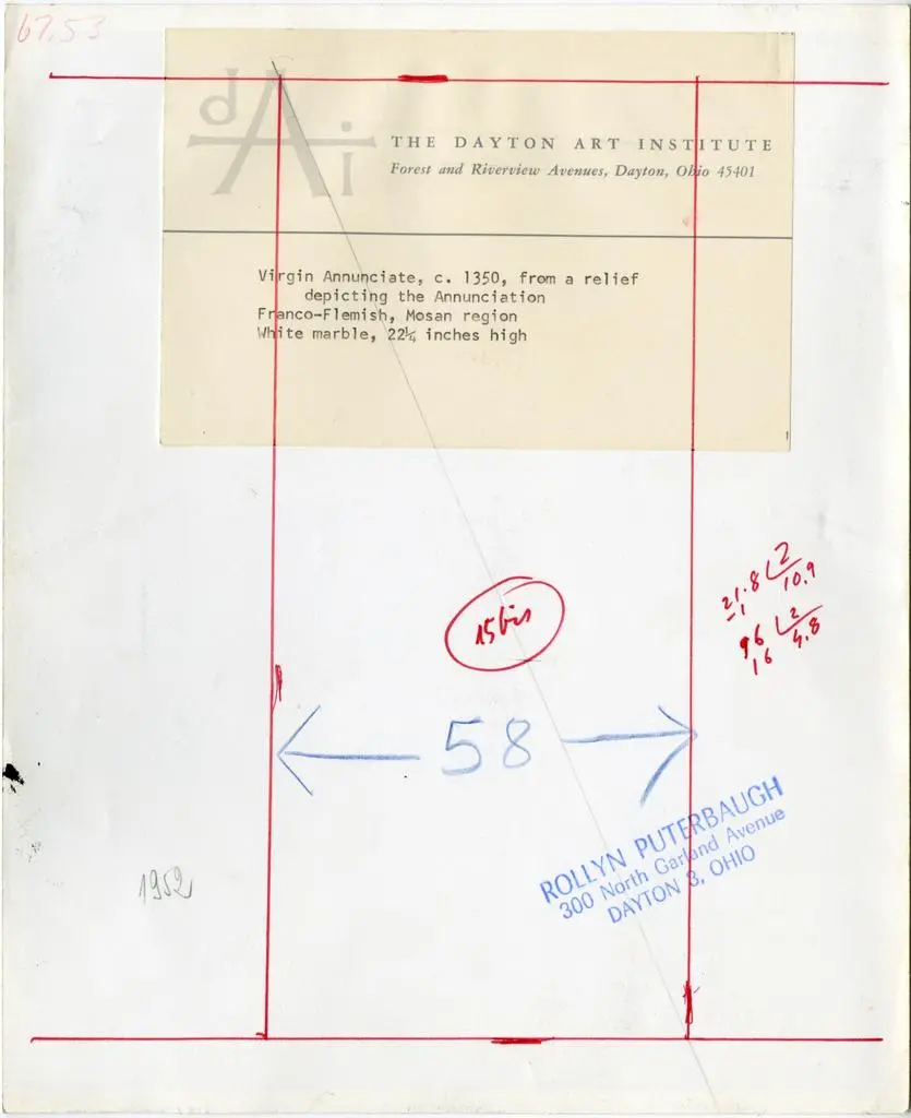 Puterbaugh, Rollyn , Virgin Annunciate, c. 1350, from a relief depicting the Annunciation - Franco-Flemish, Mosan region. White marble, 22 1/4 inches high