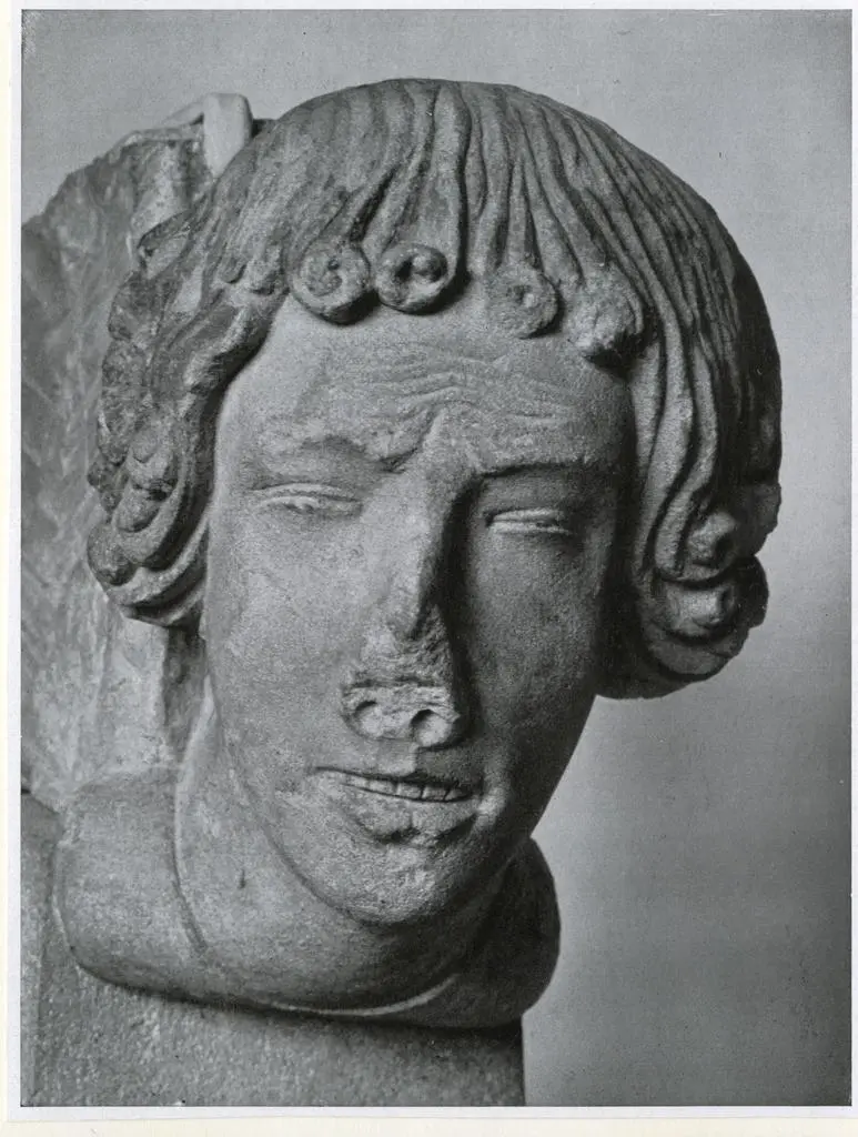 Anonimo , J&uuml;nglingskopf, Steinplastik aus Claredon Palace, englisch etwa 1230-40. Austellung gotischer kunst in Burlington Fine Arts Club, London.