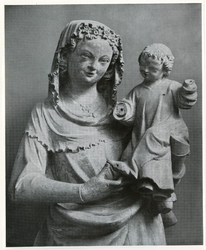 Anonimo , Links: Muttergottes aus der ehem. Ortenburgkapelle des Passauer Domes (Detail) - Sandstein. Um 1300. - Nürnberg, Germ. Nationalmuseum
