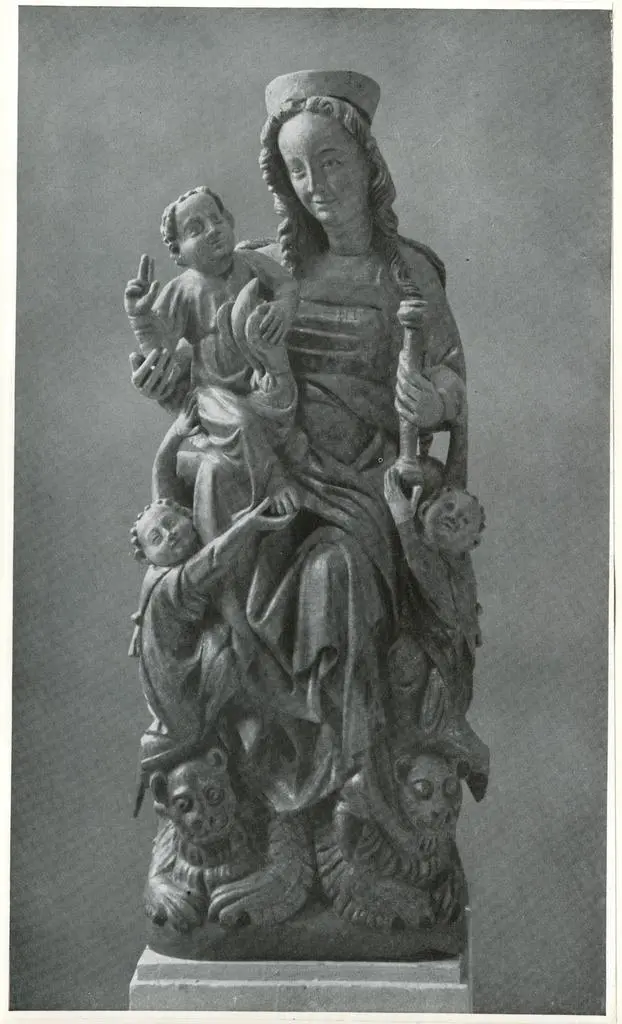 Anonimo , Muttergottes auf dem L&ouml;wenthron aus Rengersdorf (Glatzer Bergland) Lindenholz mit alter Fassung Schlesien um 1370-80. N&uuml;rnberg Nm.