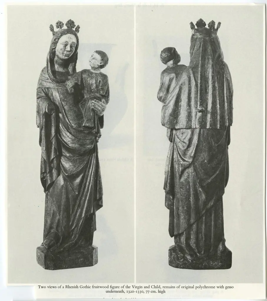 Amtsgerichtsrat Braunm&uuml;hl, Eltville , Two views of a Rhenish Gothic fruitwood figure of the Virgin and Child, remains of original polychrome with gesso underneath, 1320-1330, 77 cm. high