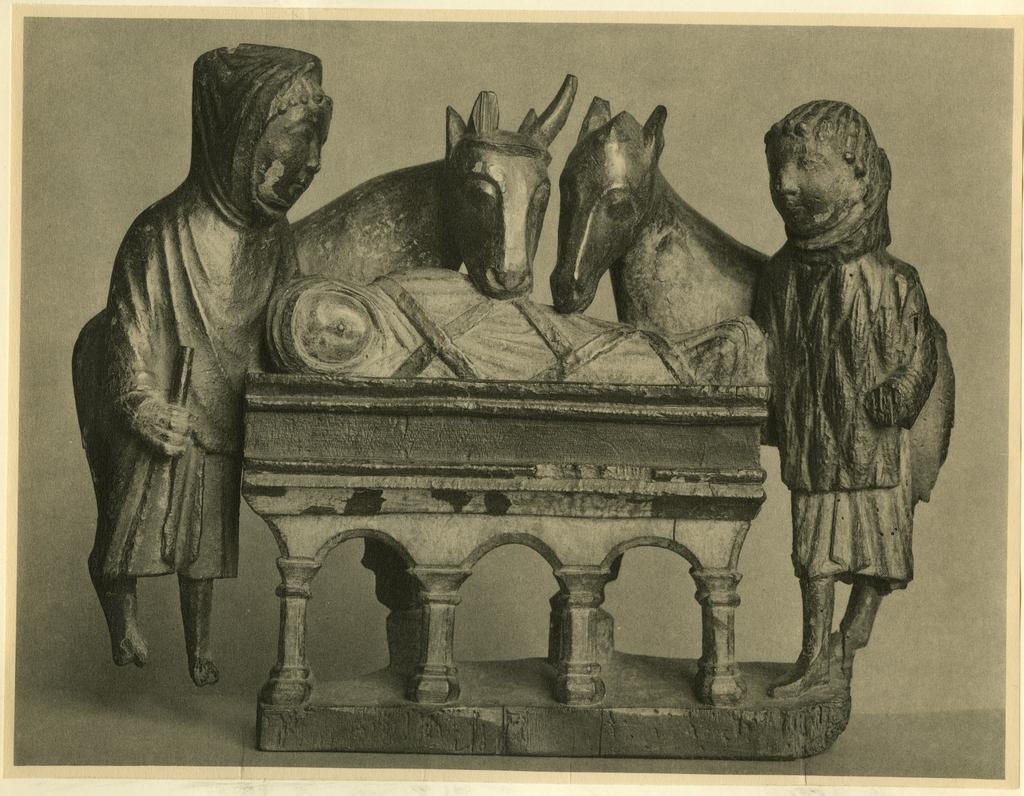 Anonimo , Anonimo tedesco - (?) - sec. XIV - Presepe con Gesù Bambino, bue, asino e due pastori