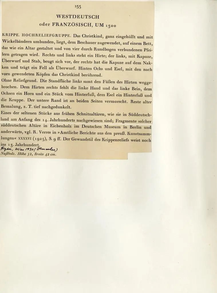 Anonimo , Anonimo tedesco - (?) - sec. XIV - Presepe con Gesù Bambino, bue, asino e due pastori