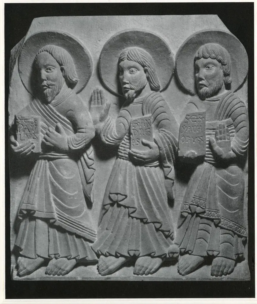 Anonimo , Die Apostel Paulus, Andreas, Jakobus; Relief von der Kathedrale Vich bei Barcelona, 11. Jahrh.; Coll. William Rockhill, Nelson-Galerie of Arts Kansas City Mo. (Aufn. New York Univ. Walter W.C. Cook)