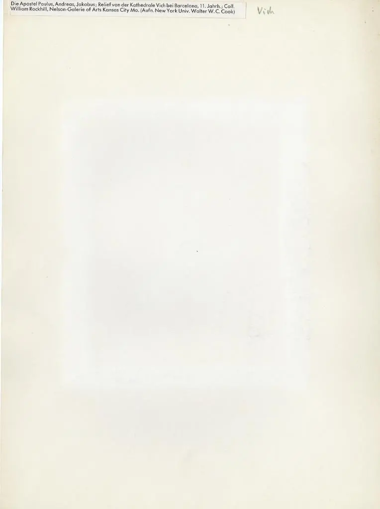 Anonimo , Die Apostel Paulus, Andreas, Jakobus; Relief von der Kathedrale Vich bei Barcelona, 11. Jahrh.; Coll. William Rockhill, Nelson-Galerie of Arts Kansas City Mo. (Aufn. New York Univ. Walter W.C. Cook)